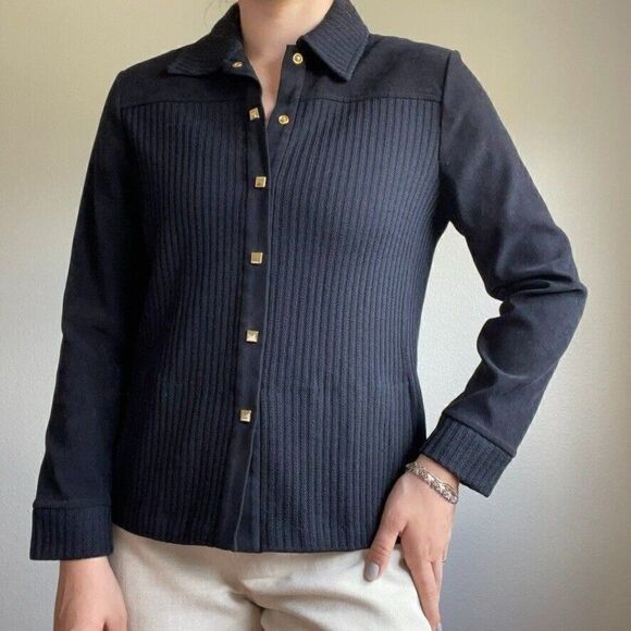 St. John Sport Women's Black Suede Ribbed Button Snap Jacket Collared Shirt Sz M - Picture 1 of 11